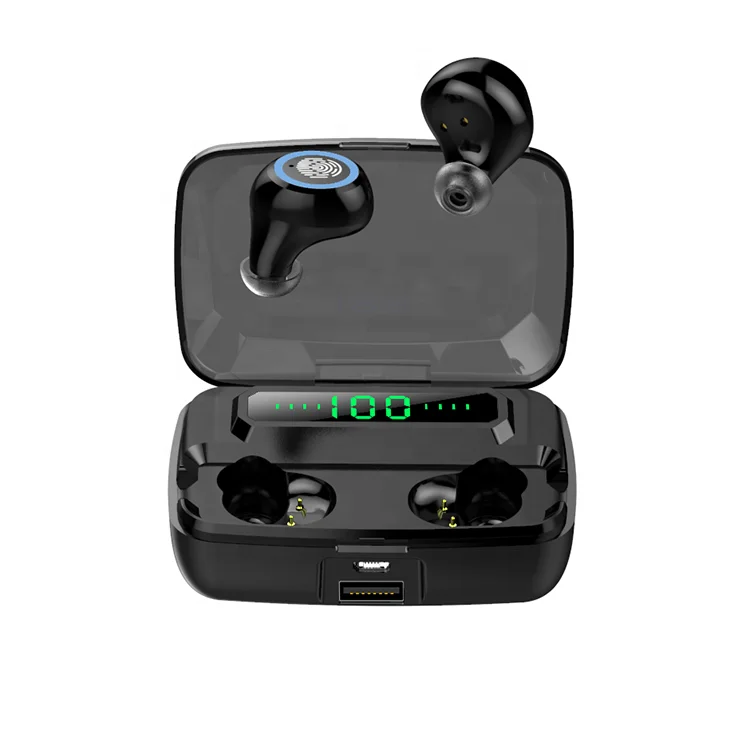 

2021 Waterproof mobile phone Stereo Sports V5.0 TWS LED Display With 3500mAh battery wireless in ear plug earphones for apple, Black