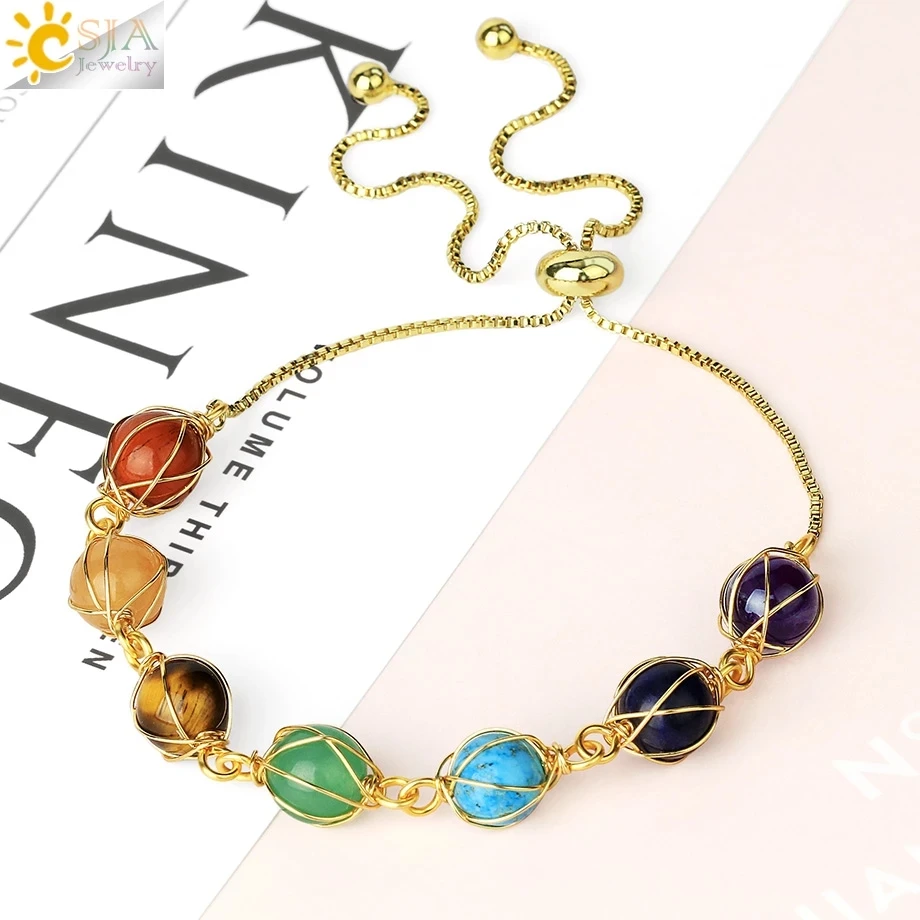 

CSJA Trendy Gold Plated Wire Wrapped Bracelets 7 Chakra Natural Stone Paperclip Chain Link Bracelet for Girls G700