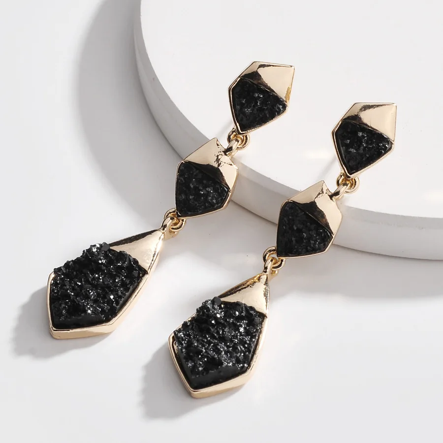 

Exaggerated Luxury Gold Plated Colorful Natural Agate Druzy Stone Drop Dangle Earrings Irregular Geometric Natural Sugar Druzy D