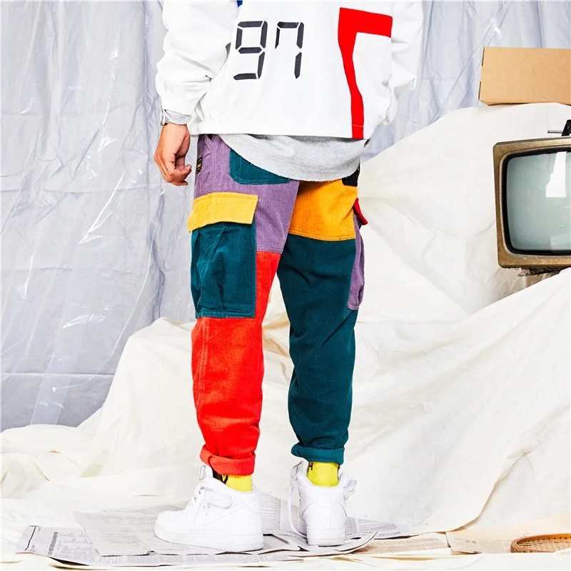 

Men Fashion Casual Corduroy Stitching Multi-process Jeans Man Casual Trousers
