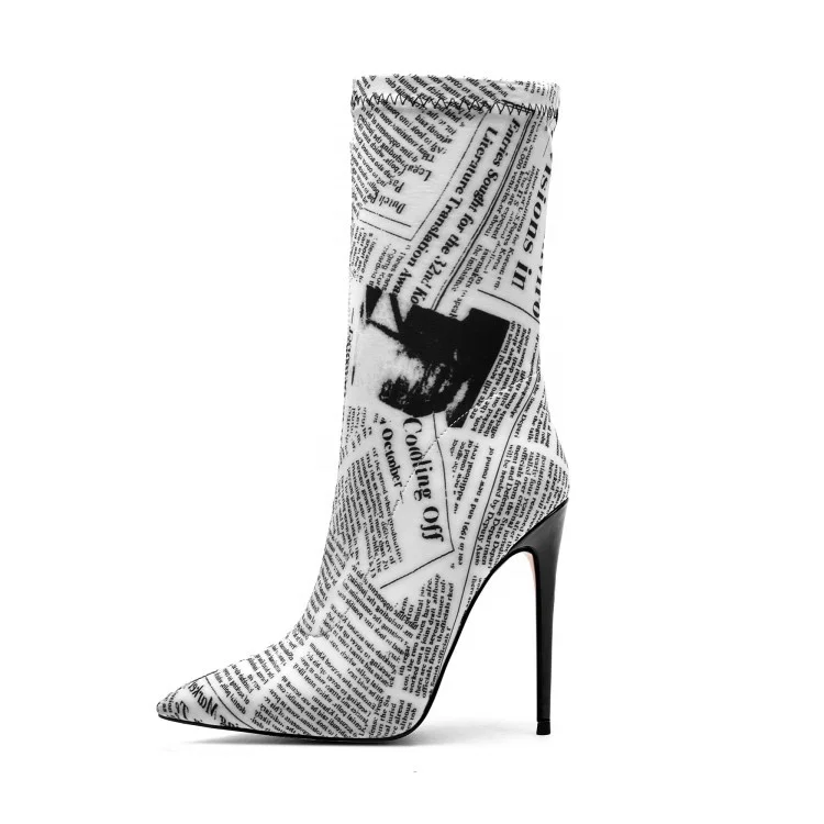 

Newspaper Image Stretch Fabric Upper Thin Heel Pointed Toe Half Knee High Women Boots Slip-on High Heel Mid-calf Women Booties, Cow,newspaper