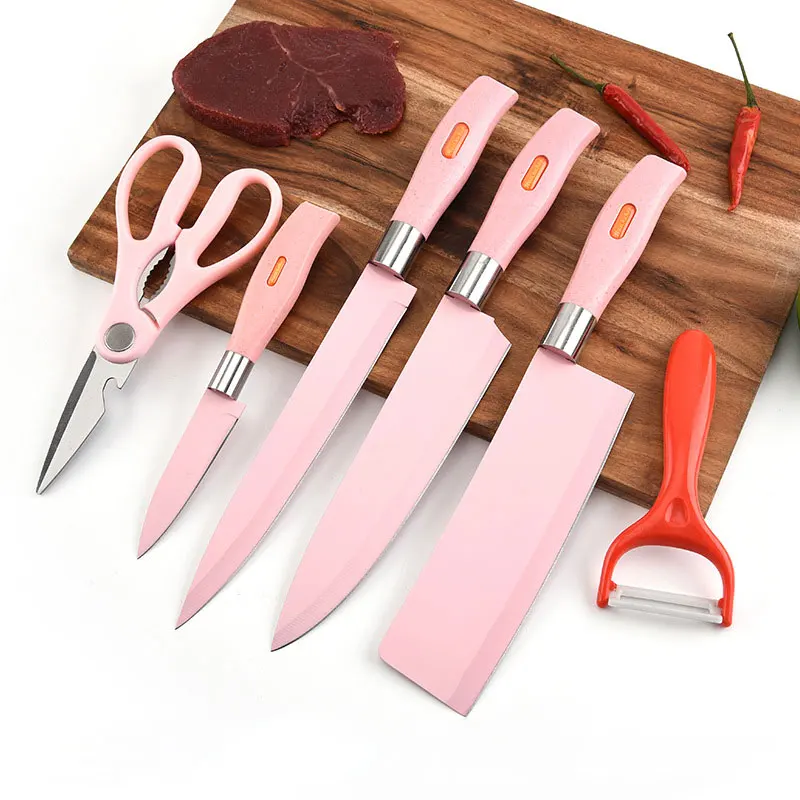 

3Cr13 Stainless Steel kitchen Knife Set in wheat straw handle, Pink