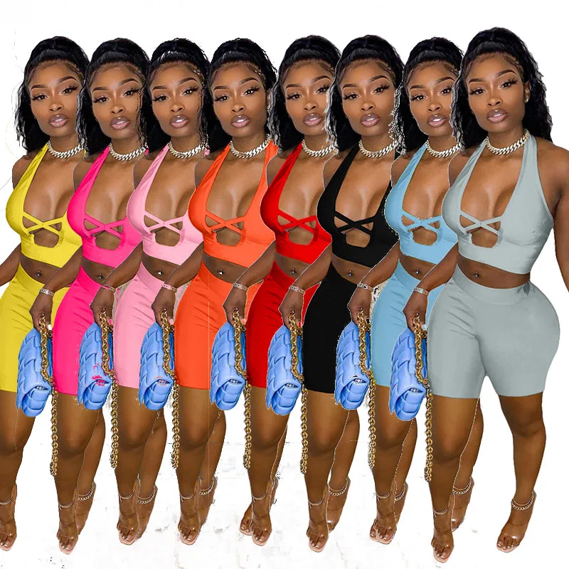 

Sexy Crop Halter Top Solid Short Set Two Piece Short Set Women Clothing Summer Outfits For Women 2021