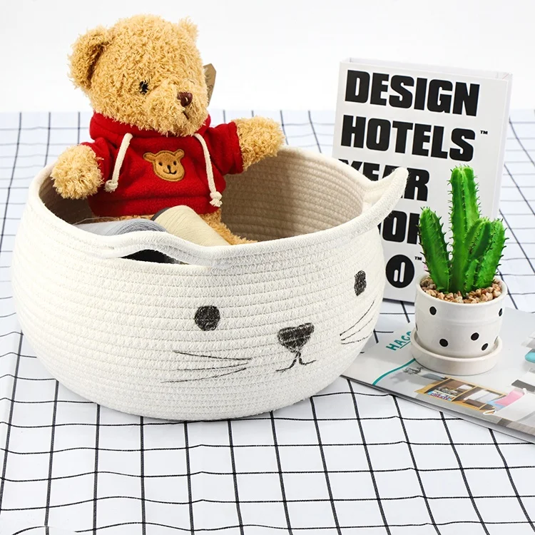 

Large Woven Cotton Rope Storage Basket 100% Natural Laundry Basket Organizer with Cute Cat Decoration, Customized color