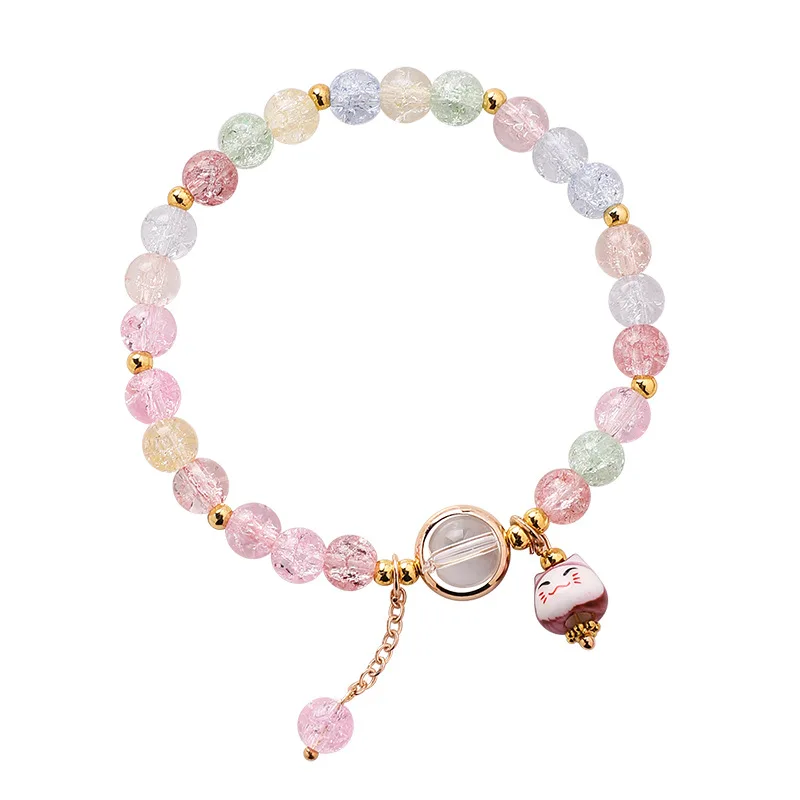 

Fashion Women Colorful Glass Crystal Beads Bracelet Bangle Lovely Cat Charm Bracelet (SK934), As picture