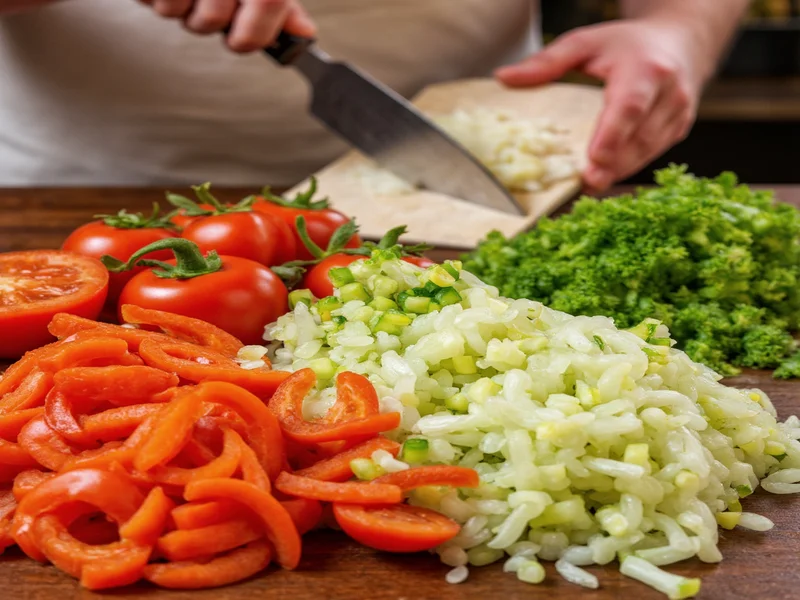 Chopped vegetables for dirty rice preparation