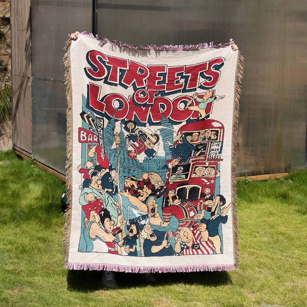 Wholesale Custom Woven 100% Cotton Portrait Tassel Throw Blanket Jacquard Tapestry