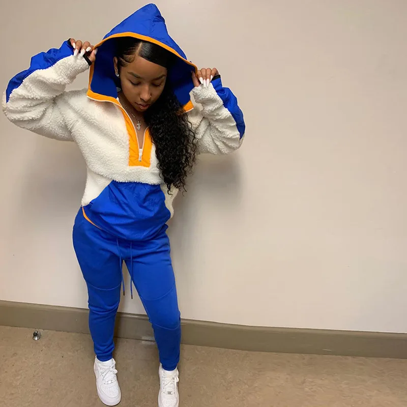 

Two Pieces Set Outerwear Tracksuit Women Clothing Sportswear Fall and Winter Color mixing New arrivals fashion, Whiteblue,whiteyellow,blackish green+light yellow,dark blue+light blue