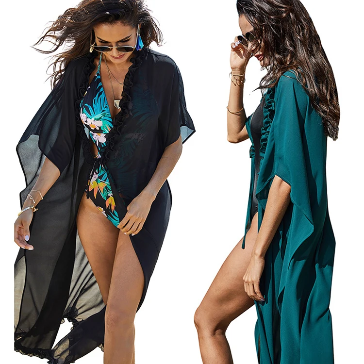 

2021 Solid Color Long Jacket Bat Sleeve Chiffon Ladies Beachwear Bikini Women's Loose Long coat