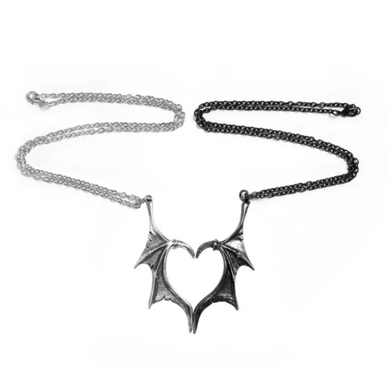 

Vintage Punk Hiphop Metal Heart Couple Necklace Gothic Devil Wings Pendant Necklace for Unisex, Silver