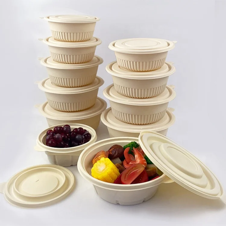 

Round Soup Food Packaging Lunch Box Biodegradable Microwave Disposable Food Container with Lid, Maize/picture color