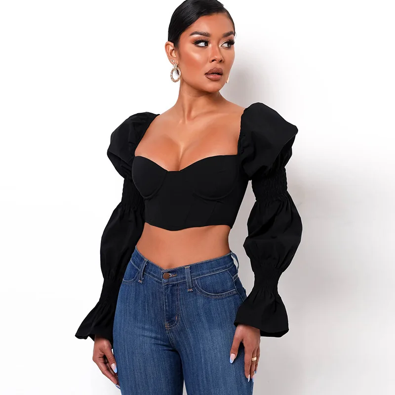 

Women Simple Comfortable Top Casual Elegant Style Sexy Square Neck Puff Sleeves Long Sleeve Crop Top 2021 Summer Hot