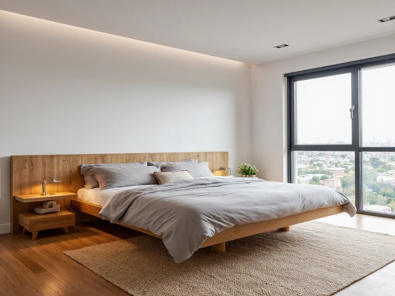 Modern bedroom with DIY floating bed frame creating open space