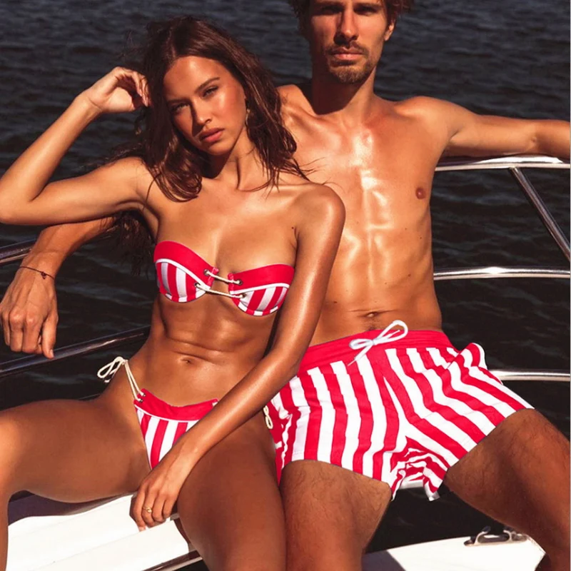 

2019 Stylish Couples Swimwear Sexy Strappy Bikini Set Thing Bandeau Stringing Swimsuit Beach Men Short Love Set, Red, blue