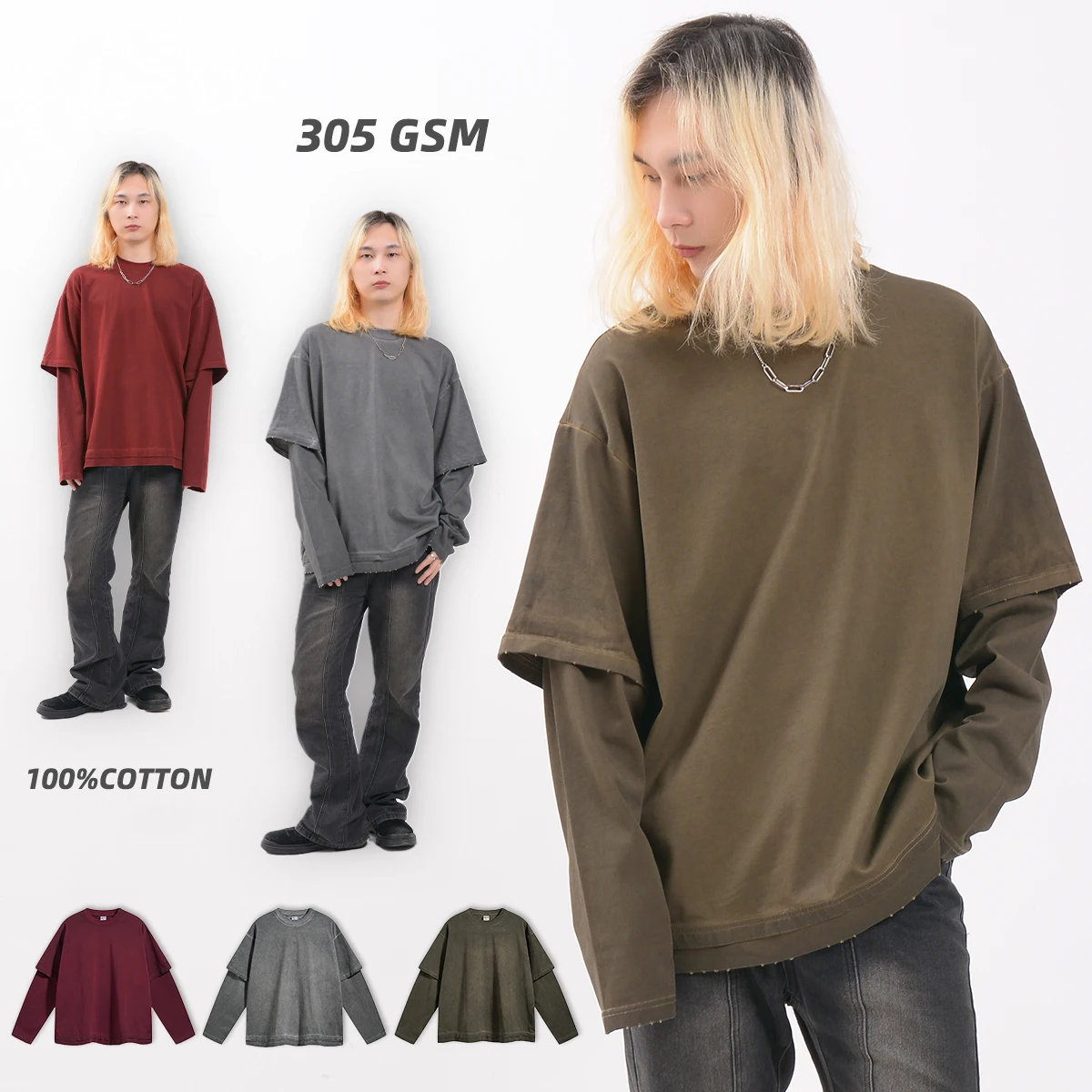 Streetwear Custom Screen Printing Washed Worn Out Long Sleeve Double Layer T Shirt Men Alike Two Piece Tshirt Hip Hop T-shirt