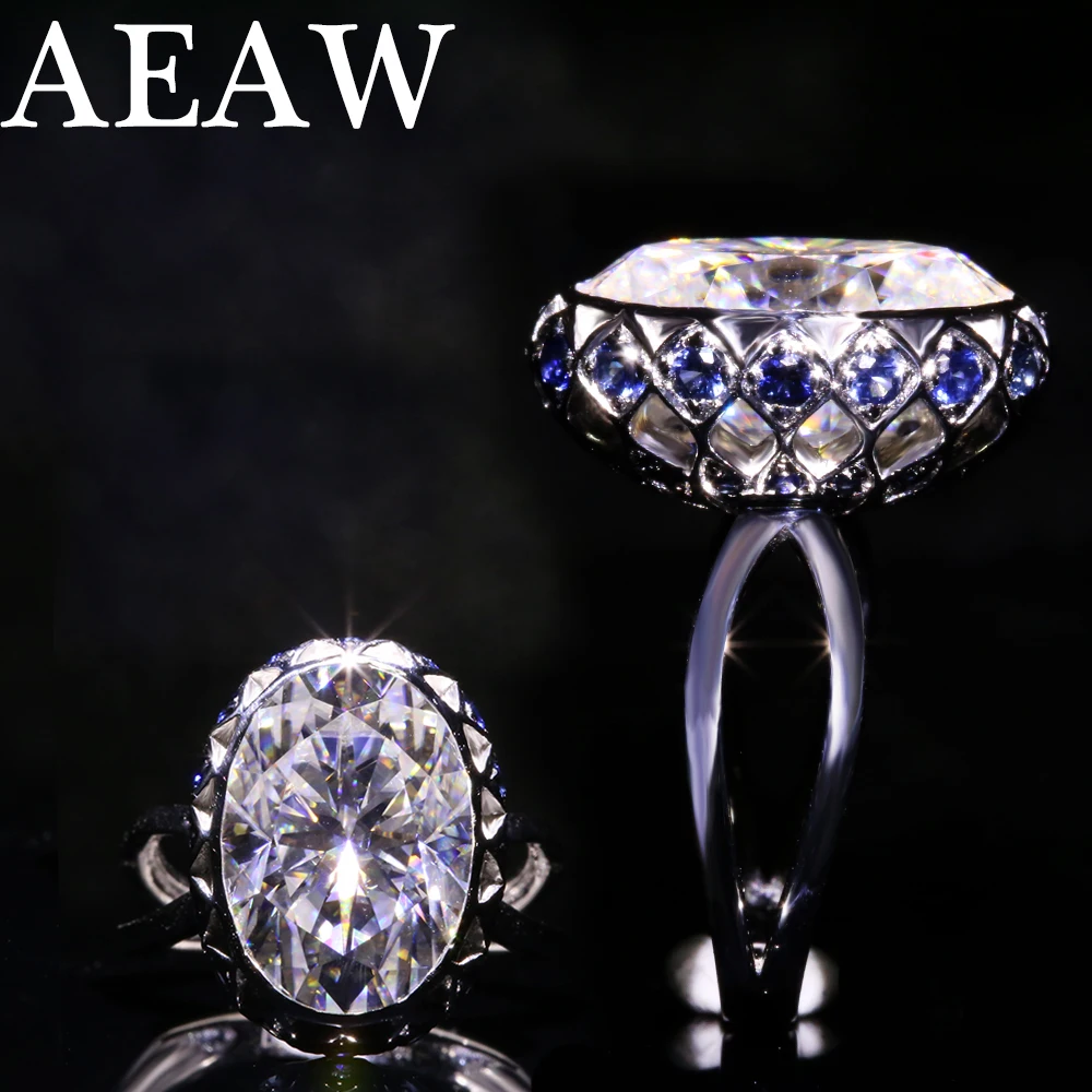 

AEAW 7CTW 14mm Oval Cut Engagement & Wedding Moissanite Natual Sapphire Ring Double Halo Ring Genuine 18K Gold Solid for Women