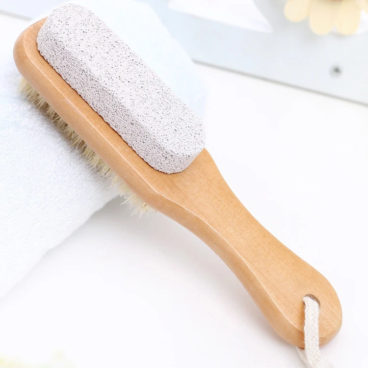 

Wooden Shower Foot Scrubber Brush dual sided foot bath brush with pumice stone, Natural color