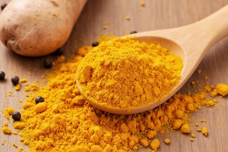 Close-up of ground turmeric powder in a wooden spoon with fresh turmeric root and black pepper