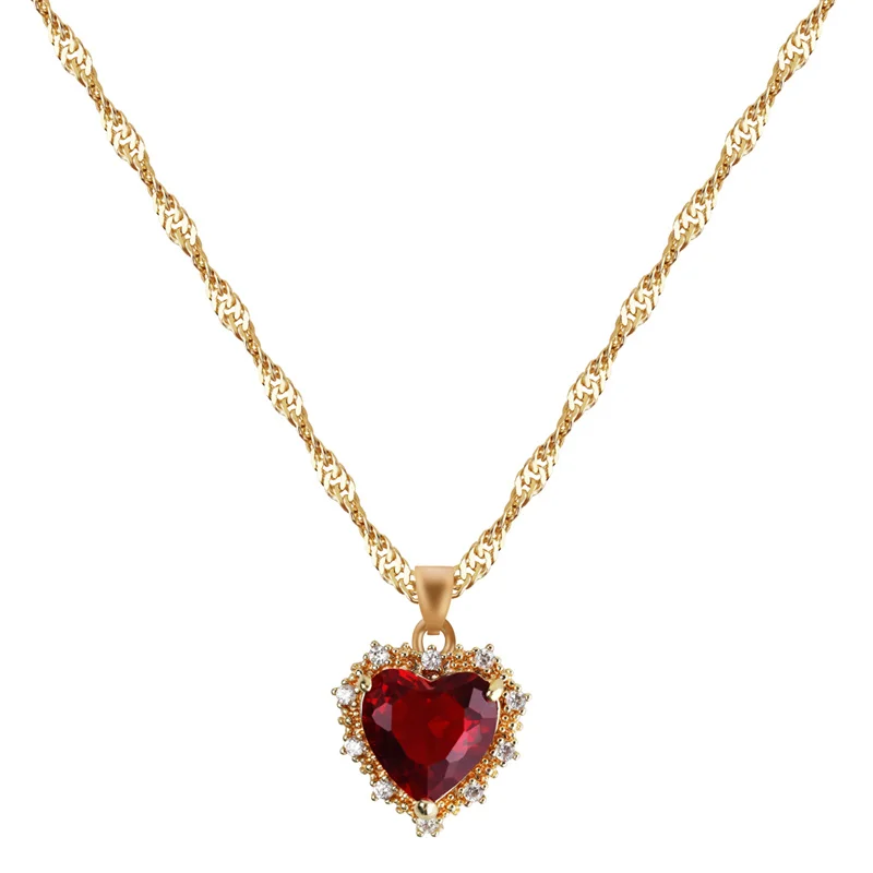 

14K Gold Plated Ruby Red Crystal Heart Charm Necklace for Women Girls
