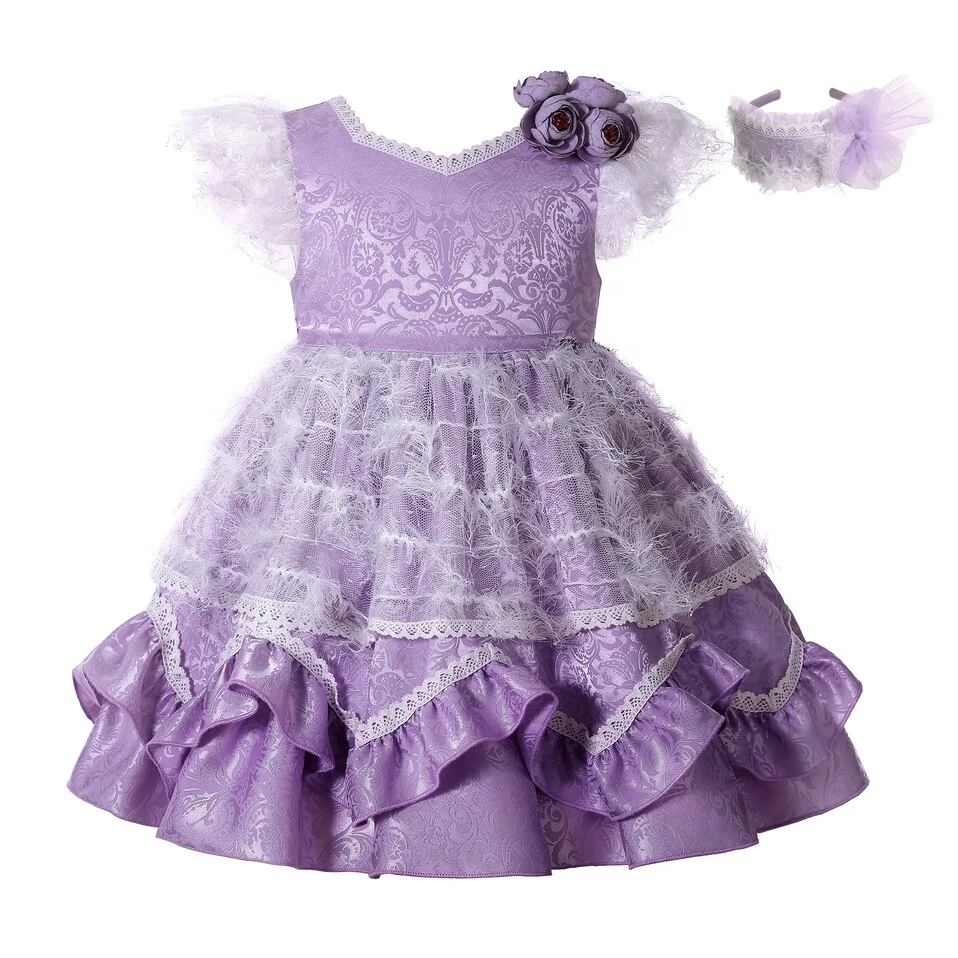 

Pettigirl New Design Child Flower Girl Purple Dress Flying Sleeve Pretty Dresses for Girls with White Tulle