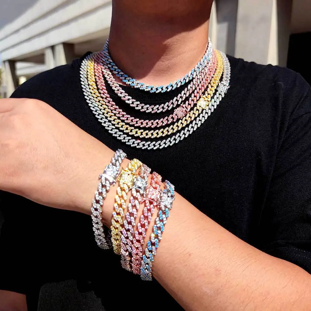 

Hip Hop Ice Out Cuban Chain Necklace High Quality Full Diamond Cuban Link Chain Necklace 3A Zircon Miami Bracelet Necklace, Gold, white gold,pink,white powd,blue and whiteer
