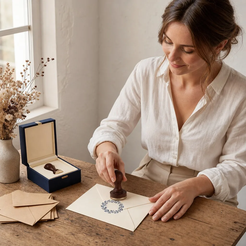 Young woman using a custom commemorative stamp on an ivory envelope at a wooden desk with gift box