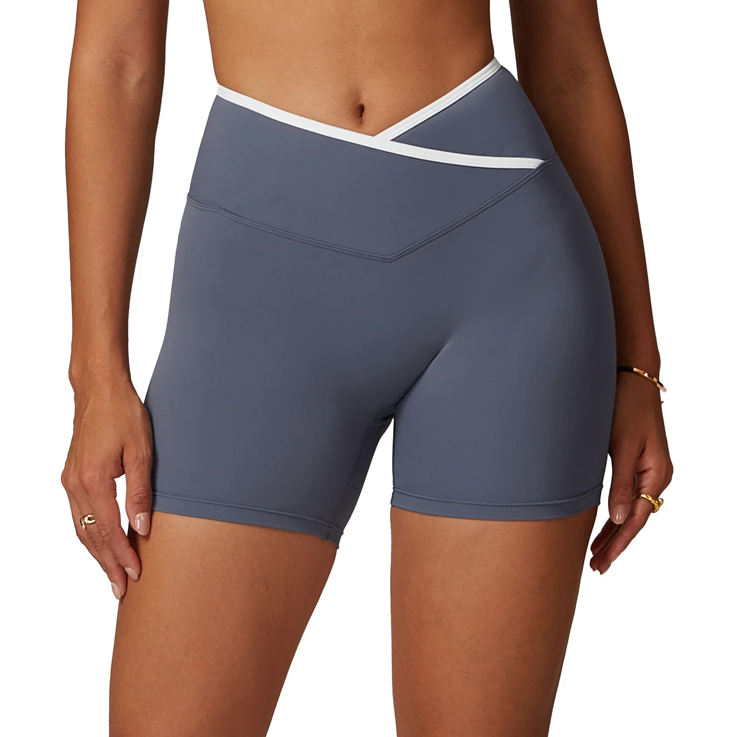 Womens Athletic Running Clothes No Front Seam Cross V Waistband Gym Fitness Workout Shorts Colour Blocking Yoga Shorts