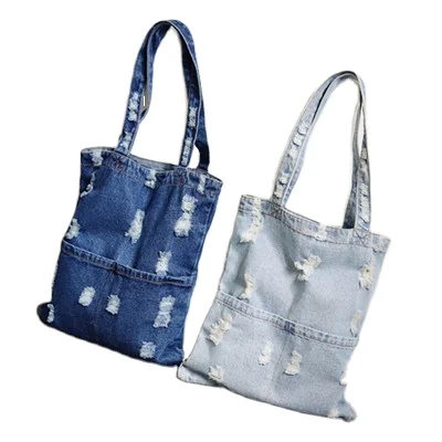 

Student Schoolbag Canvas Lady Shoulder Bag Large Capacity Pure Color womens Washed Denim Hole Duffel Bag, 2 colors