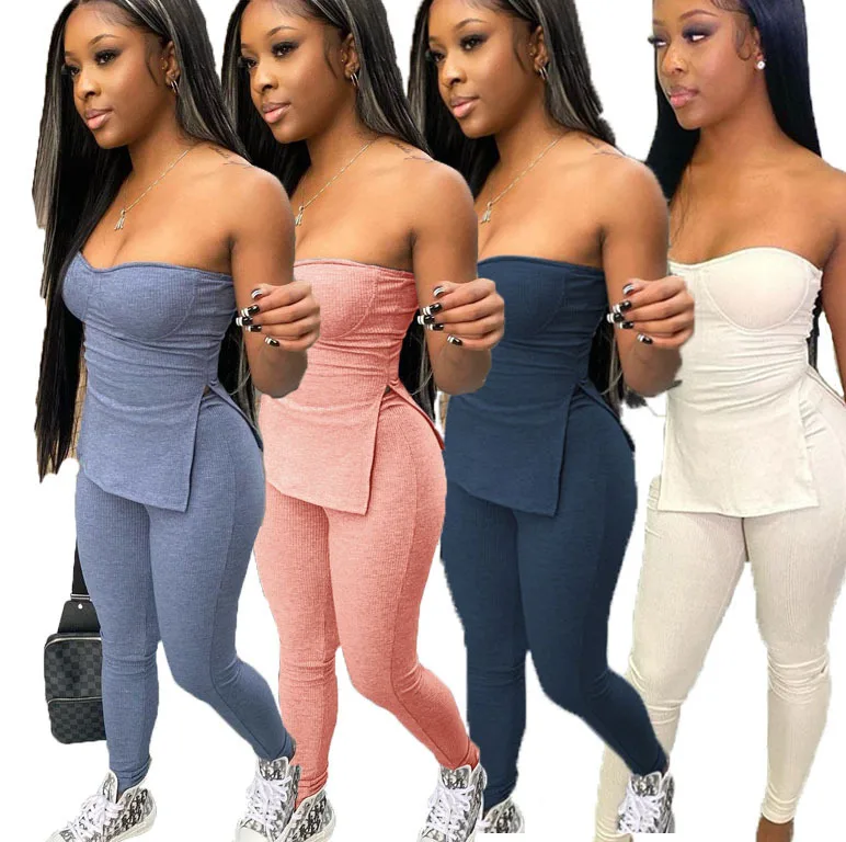 

Wholesale New Solid Color Stitching One-Shoulder Sexy Open Back Split High Waist Casual Trousers Suit