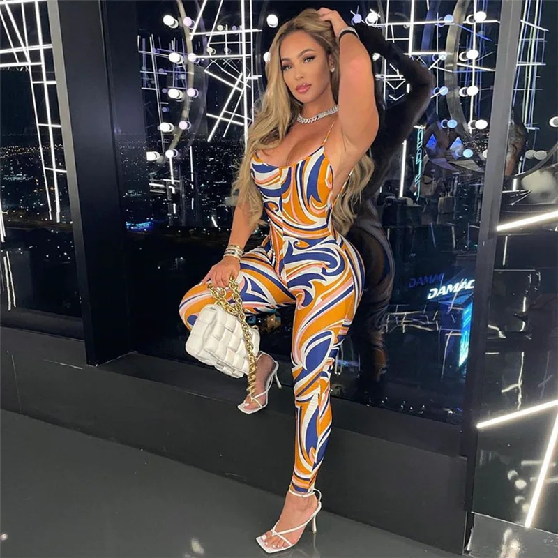 

Ladies Jumpsuit 2022 Summer Sexy Backless Jumpsuit Spaghetti Strap Casual Print Female Sleeveless Sexy Sling Jumpsuit