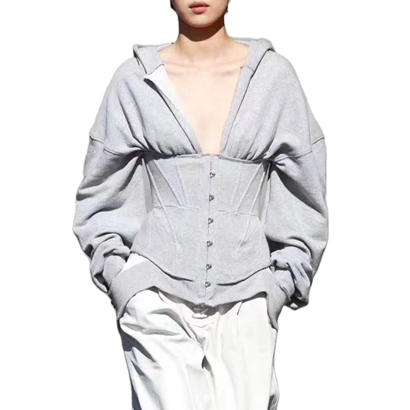 

sports style belted waistband hooded sweater versatile long-sleeved Solid color Hoodie of women