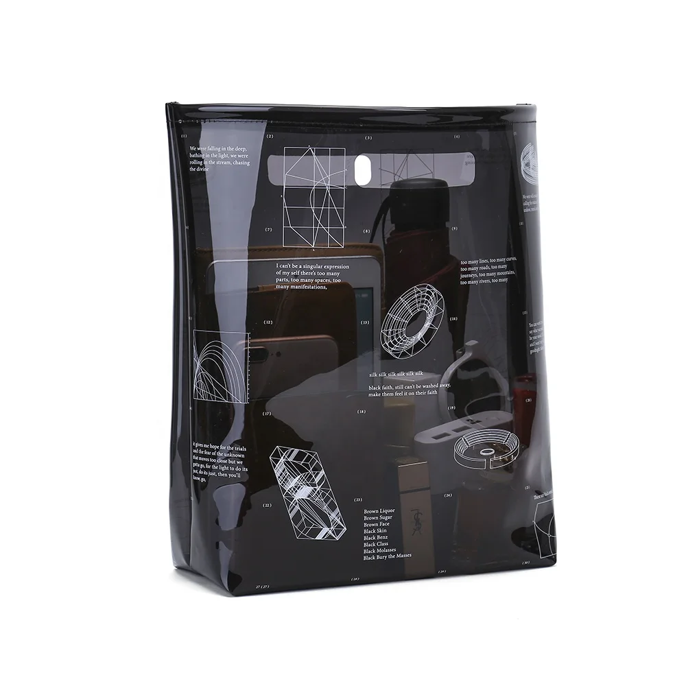 

Die Cut Handle Full size printed Clear PVC Tote Bag, Clear and black