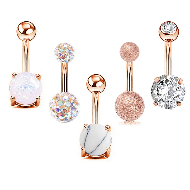 

5pcs set Women Sexy Body Jewelry Rose Gold Silver Opal Turquoise Belly Button Ring Medical Steel Zircon Navel Rings Piercing, As picture