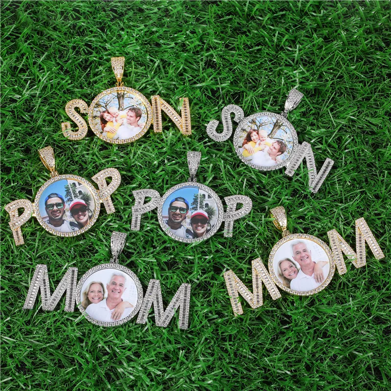 

Hip Hop Jewelry Iced Out CZ Letter POP Pendent Customize SON Photo Pendant Circle Custom Letter MOM Picture Pendant Necklace, White gold/yellow gold