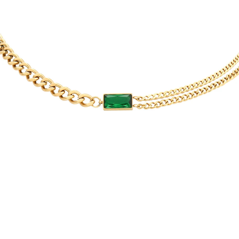 

2021 New Fashion Green CZ Stone Cuban Chain Stainless Steel Necklace