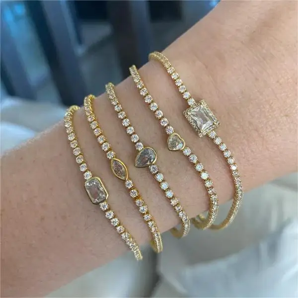 

2023 Fashion Gold Plated Luxury Jewelry Women's Bling Iced Out CZ Diamond Bracelet Multi Shape Emerald Bezel Tennis Bracelet Set