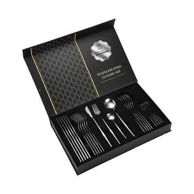 

24pcs stainless steel portuguese flatware set coardboard box knife spoon fork set silver, Silver/gold/black/rainbow