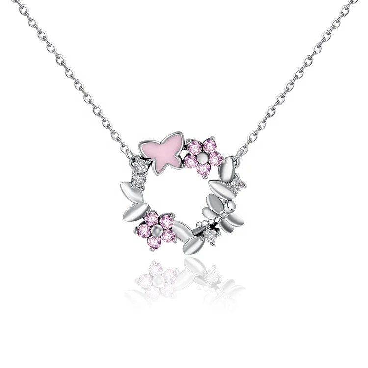 

Romantic Design CZ 925 Silver Flower And Butterfly Necklace Enamel Necklace