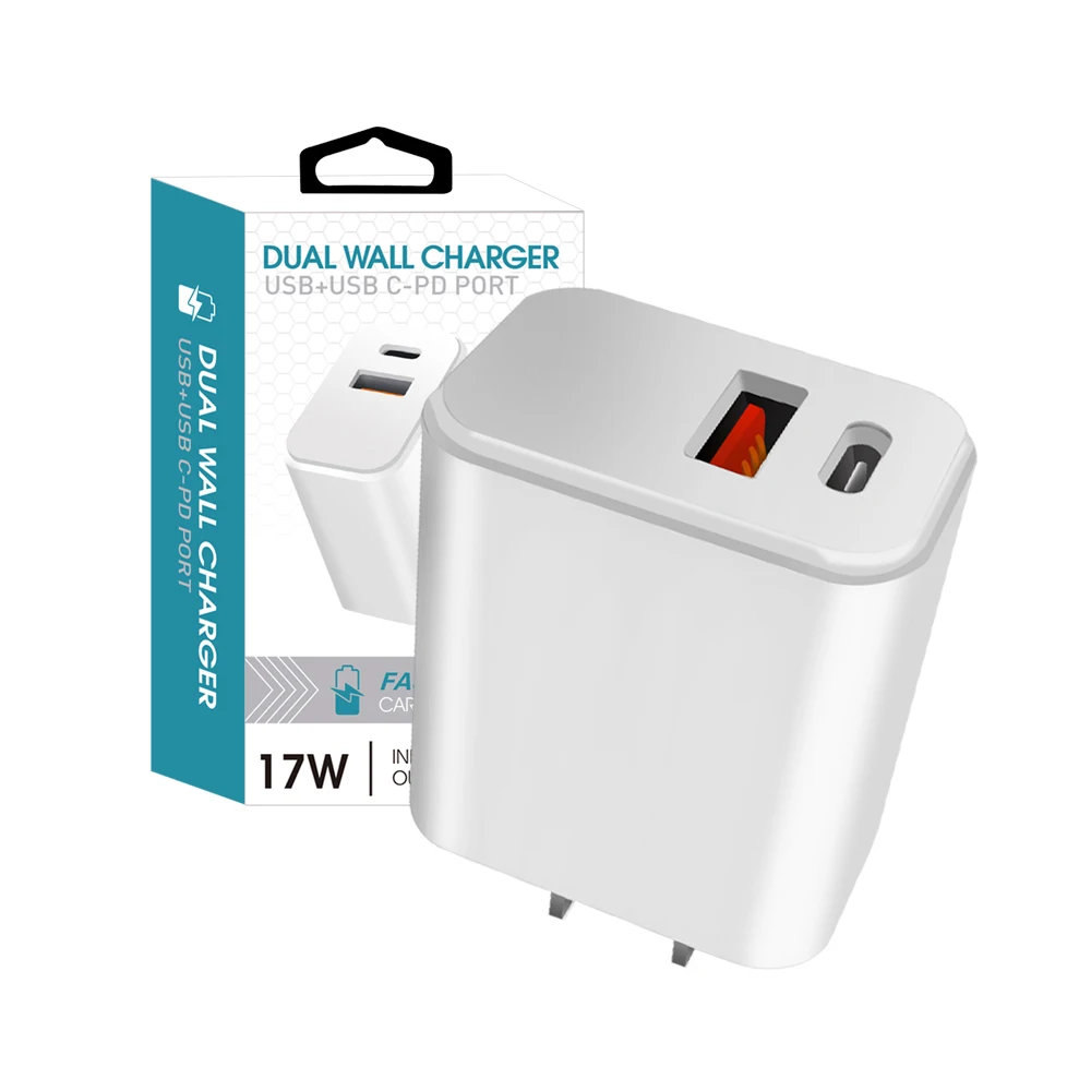 

PD 17w Dual Port Quick Charging UK/US/EU Plug USB Charger Adapter USB Type c Wall Charger for Smart Phone, Black white
