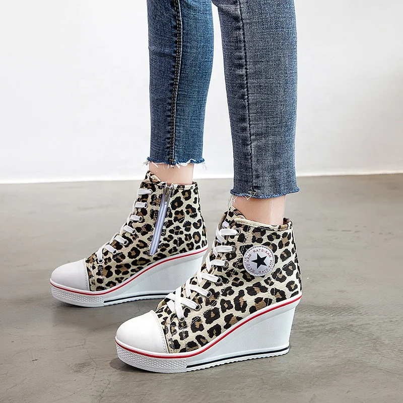 

Fashionable Wedge Heels Women's Canvas Shoes High Top Zipper Daily Wear Casual Walking Shoes Sexy Leopard Heeled Sneakers