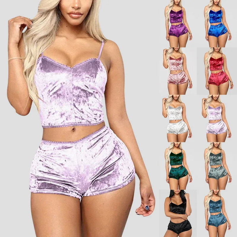 

New Fashion Women Sexy Velvet Pajama Sets Ladies Lace V-Neck Crop Tops Shorts 2Pcs Sleepwear Lingerie Pajamas Sets, Multi color