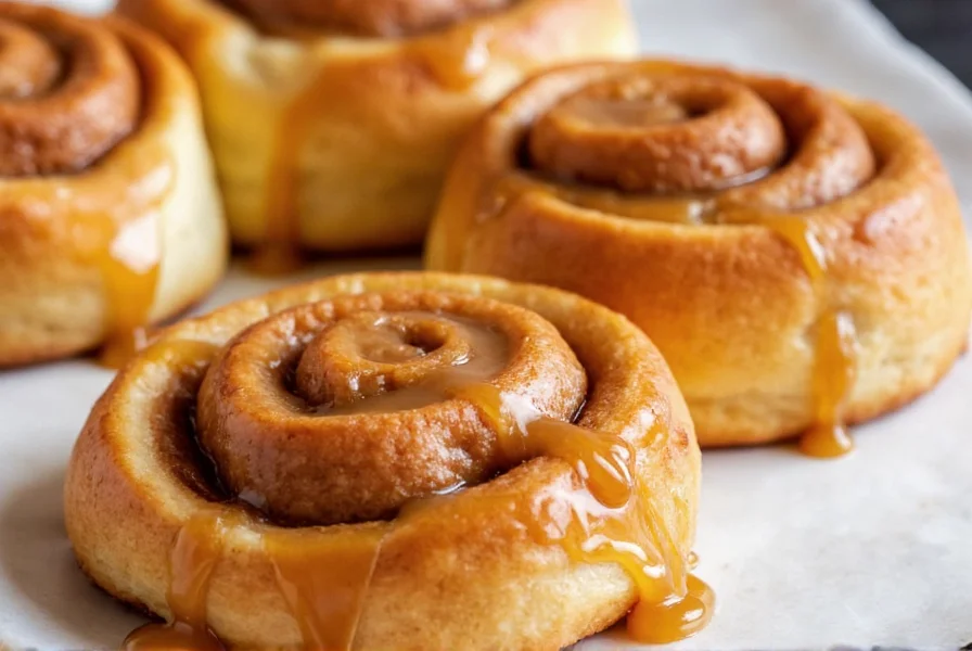 Perfectly baked Rhodes cinnamon rolls with golden brown color and melted caramel sauce