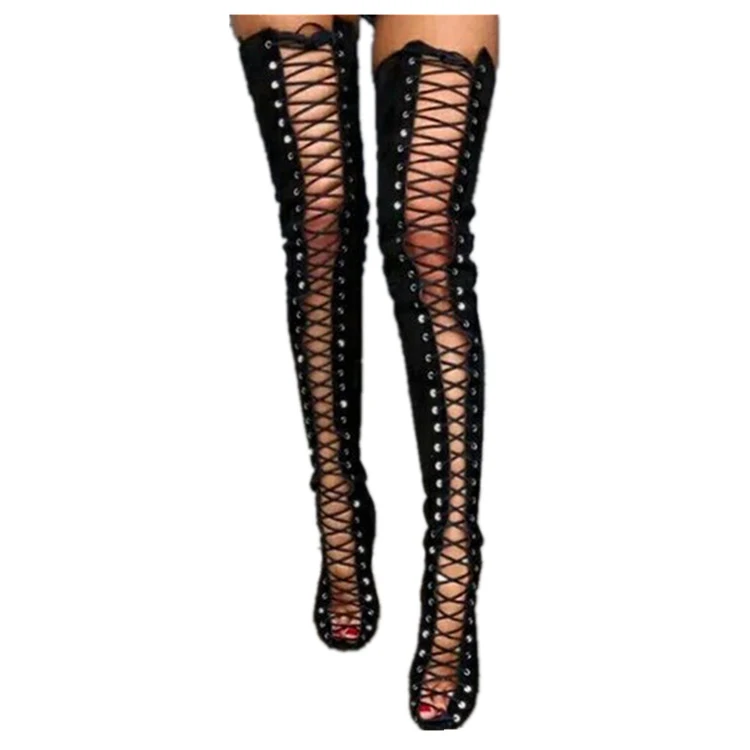 

Over The Knee Long Boots Women Sexy High Heel Lace Up Peep Toe Ladies Shoes Black Cross Strappy Punk Thigh High Boots, Beige black