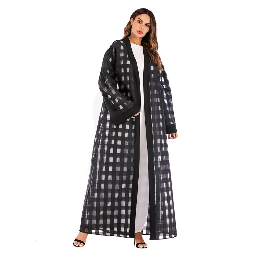 

Dropship 1658# Middle East Women Plaid Organza Fluffy Hollow Out Long Sleeve Islamic Muslim Abaya Dress Turkish Robes Clothing