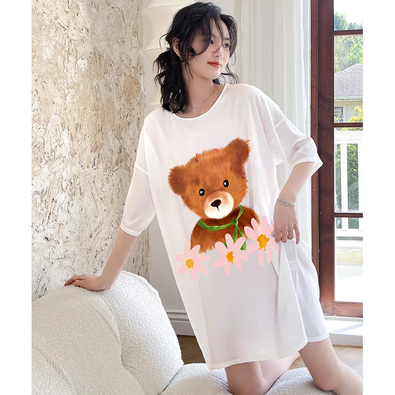 

Stock cartoon print round collar white plus size short sleeve satin women sleep dressing gown in summer