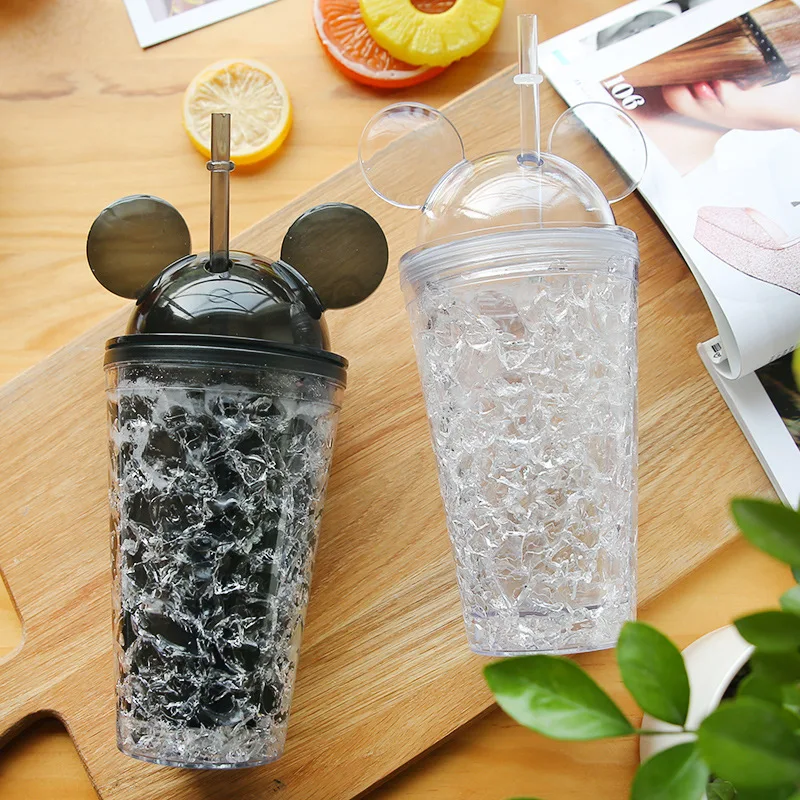 

YIDING New style cute mouse ear cold cool Cups water bottle creative double wall plastic kids water bottle with Ear shape lid, As is or customized