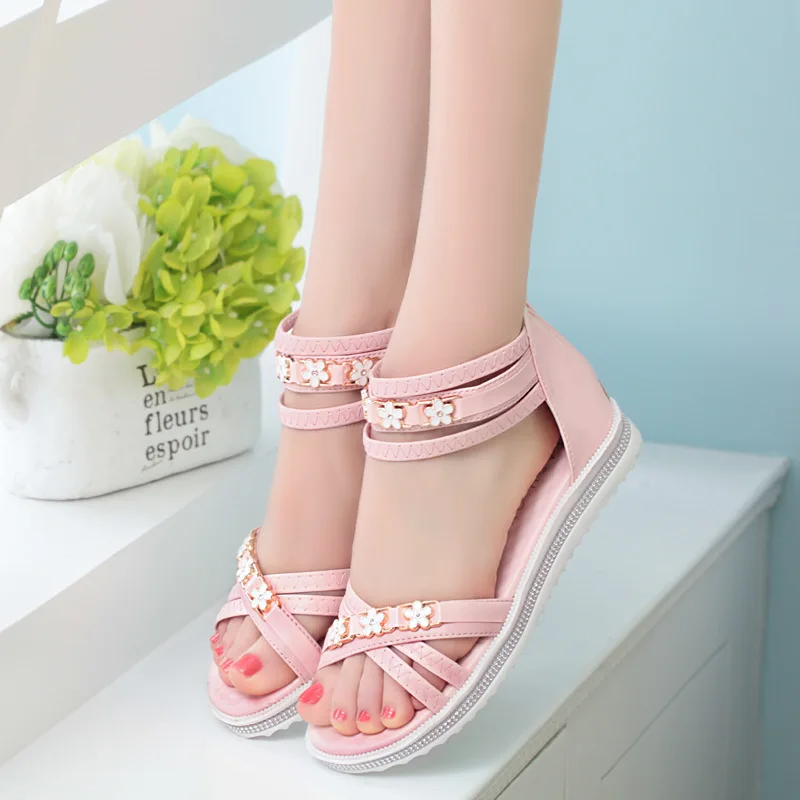
Ankle-Wrap PU latest pink leather soft pink flower kids fashion wholesale TPR sole children sweet girl injection sandal shoes 