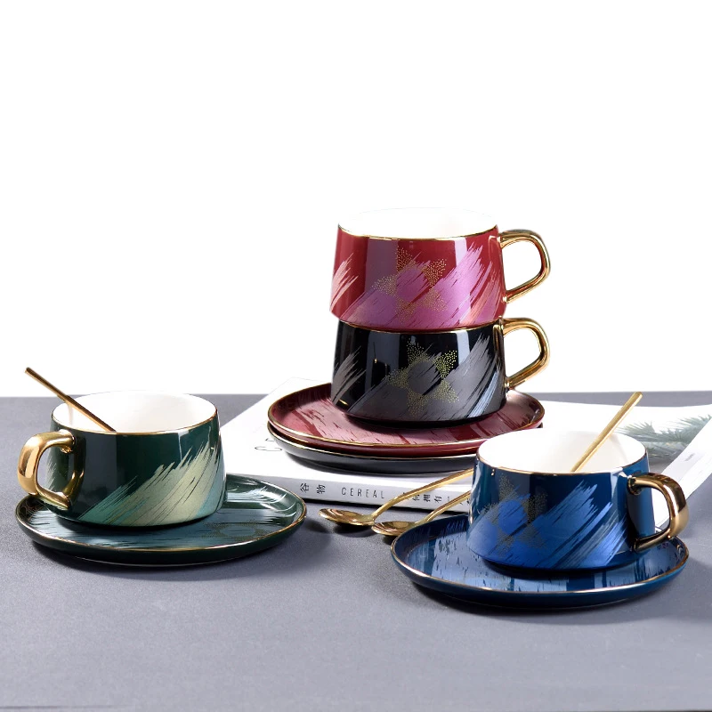 

Luxury drinkware golden rim porcelain espresso cappuccino coffee cup with saucer Hot sale products, Green,blue,purple
