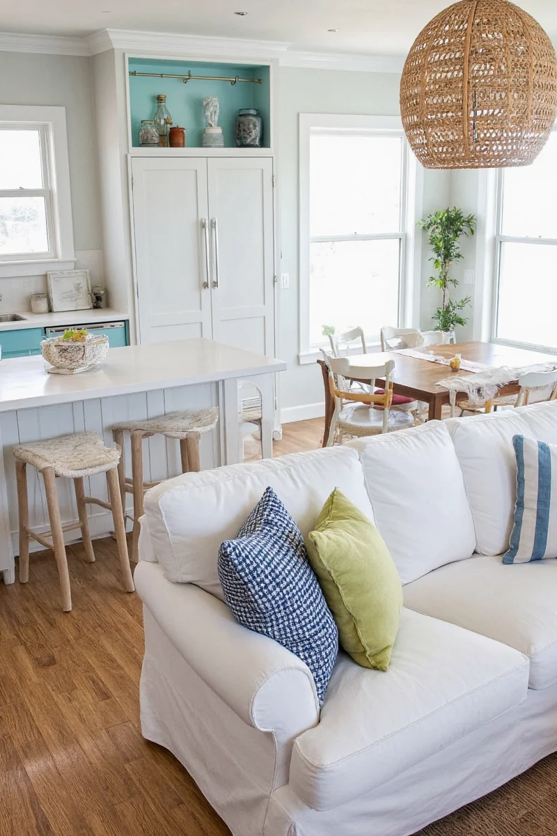 Durable fabrics in a lake house living room