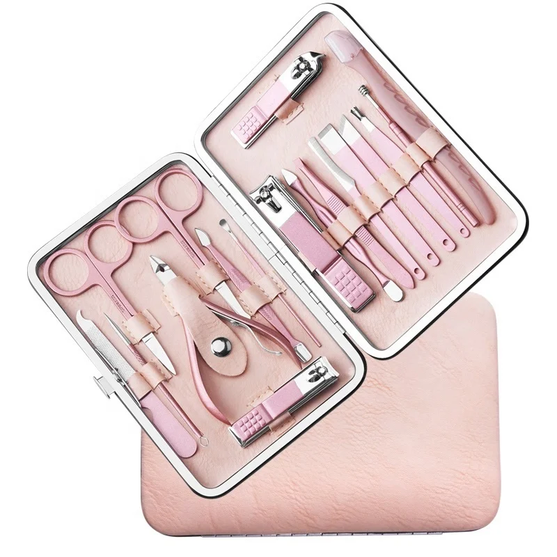 

High Quality 18Pcs Rose Gold Manicure Pedicure Set Stainless Steel Feet Nail Care Tool Kit Eyebrow Trimmer Nail Clipper Set